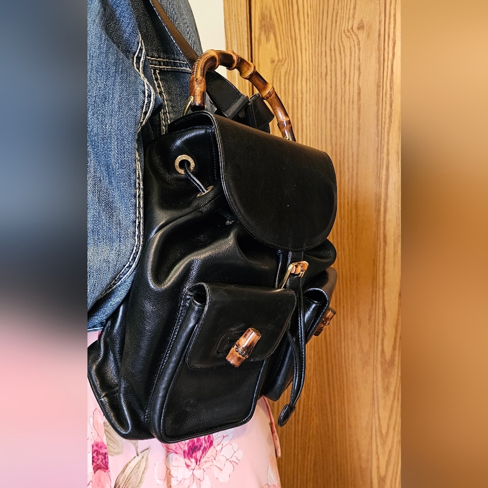 Gucci Black Leather Backpack with Bamboo Accents - Picture 14 of 15